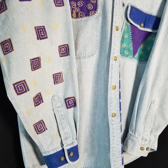VINTAGE 90s Oversized Denim Button Down L / XL - Picture 7 of 13